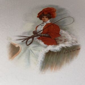 Antique Dresden Porcelain Plate Woman In Carriage W/ Gold Trim 8.5 Inches